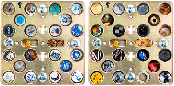 Both sides of the Space Renaissance 4 All tray: on the left, the logos of the partner organizations; on the right, the twenty wells holding artworks, meteorites, lunar soil and experiments